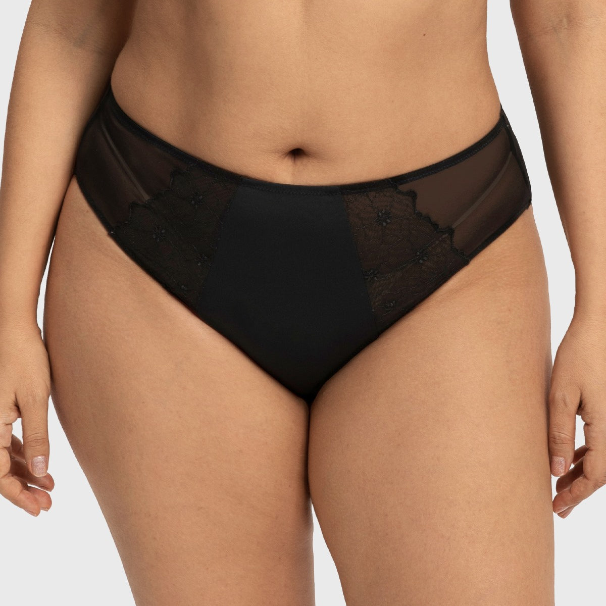Front view of the HSIA black Dahlia embroidered high waist panty on model, featuring an elegant golden ratio combination of sheer mesh and floral lace.