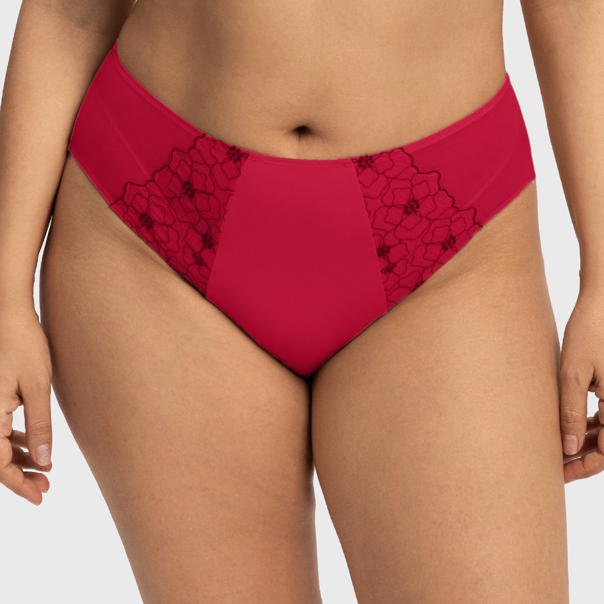 Front view of the Coral Red HSIA Dahlia embroidered high waist panty on model, offering a vibrant, romantic look with exquisite floral details.