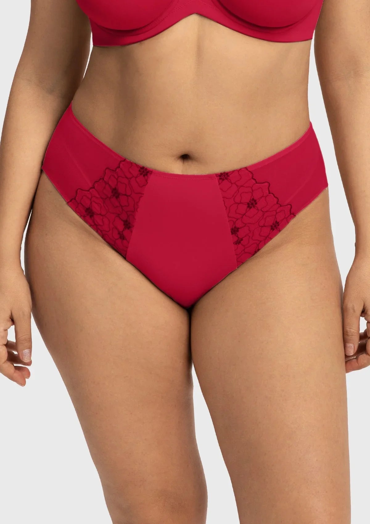 Front view of the Coral Red HSIA Dahlia embroidered high waist panty on model, offering a vibrant, romantic look with exquisite floral details.