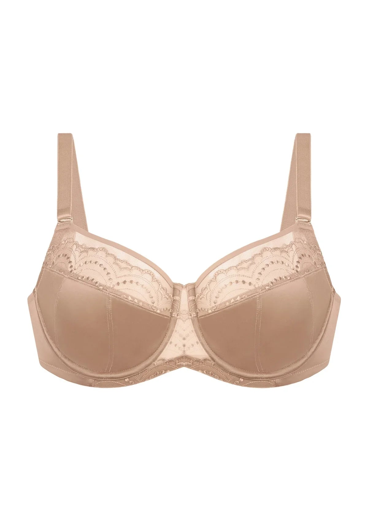 3D studio shot of the HSIA dark beige Soie lace bra, highlighting the luxurious silk-glow fabric base and delicate stretch floral embroidery.