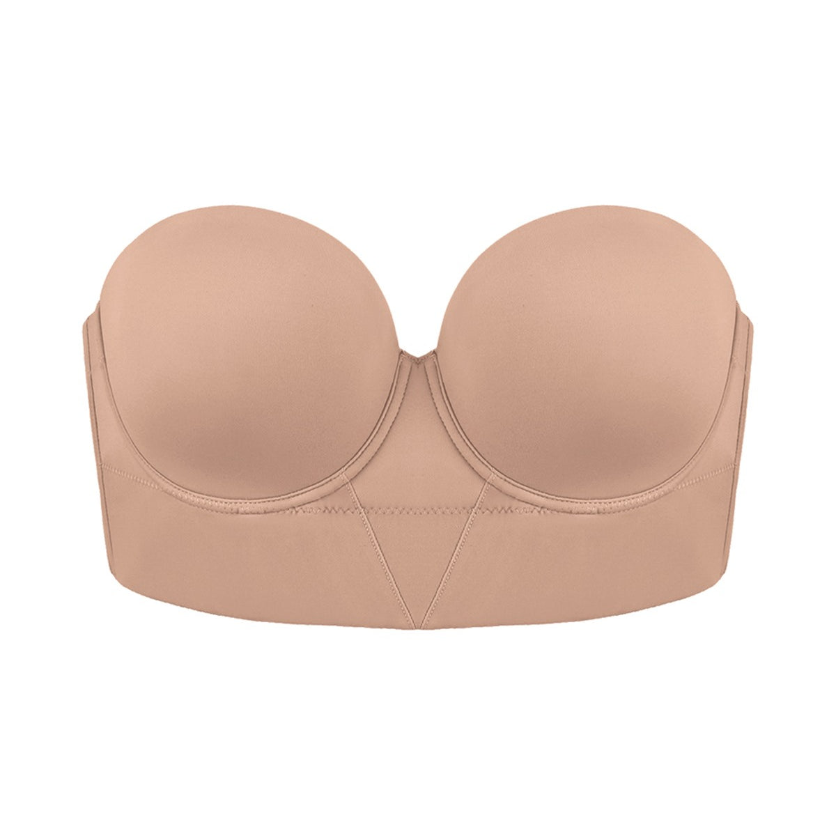 3D studio shot of the HSIA dark beige sustainable strapless bra, detailing the eco-friendly smooth fabric and sturdy underwire support.