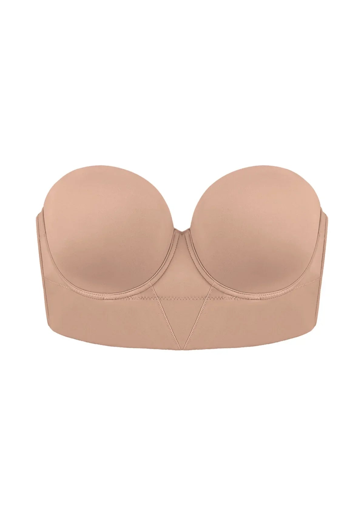 3D studio shot of the HSIA dark beige sustainable strapless bra, detailing the eco-friendly smooth fabric and sturdy underwire support.