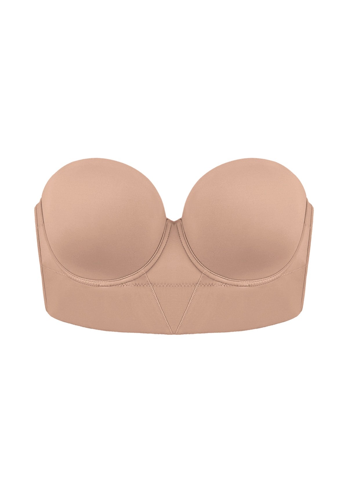 3D studio shot of the HSIA dark beige sustainable strapless bra, detailing the eco-friendly smooth fabric and sturdy underwire support.