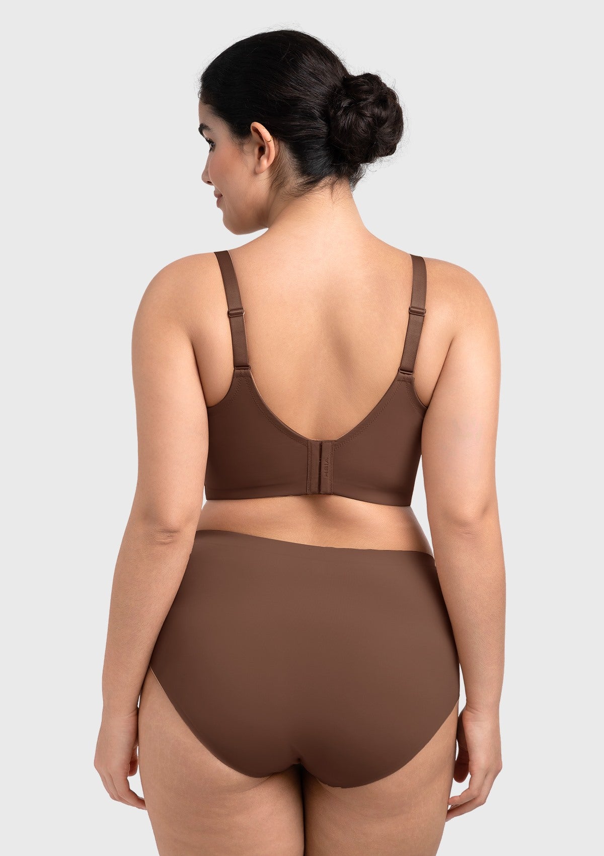 Back view of the coffee brown longline bra, showing the vest-like fit that provides a streamlined, invisible look under clothing.