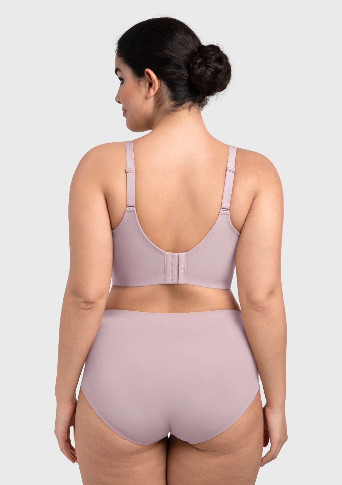 Rear view of the gray purple longline bra, featuring graduated back closures for personalized back-smoothing power.