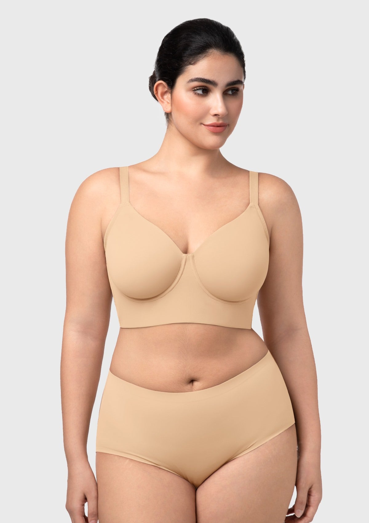 Front view of the HSIA beige Delia longline seamless T-shirt bra, a smooth wearable tank designed for fuller busts.