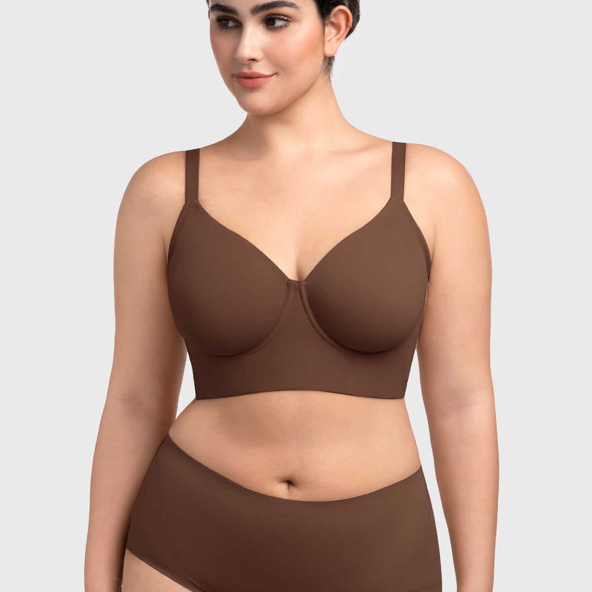 Front view of the HSIA coffee brown Delia longline bra, an elegant wearable tank that smooths curves for plus size figures.
