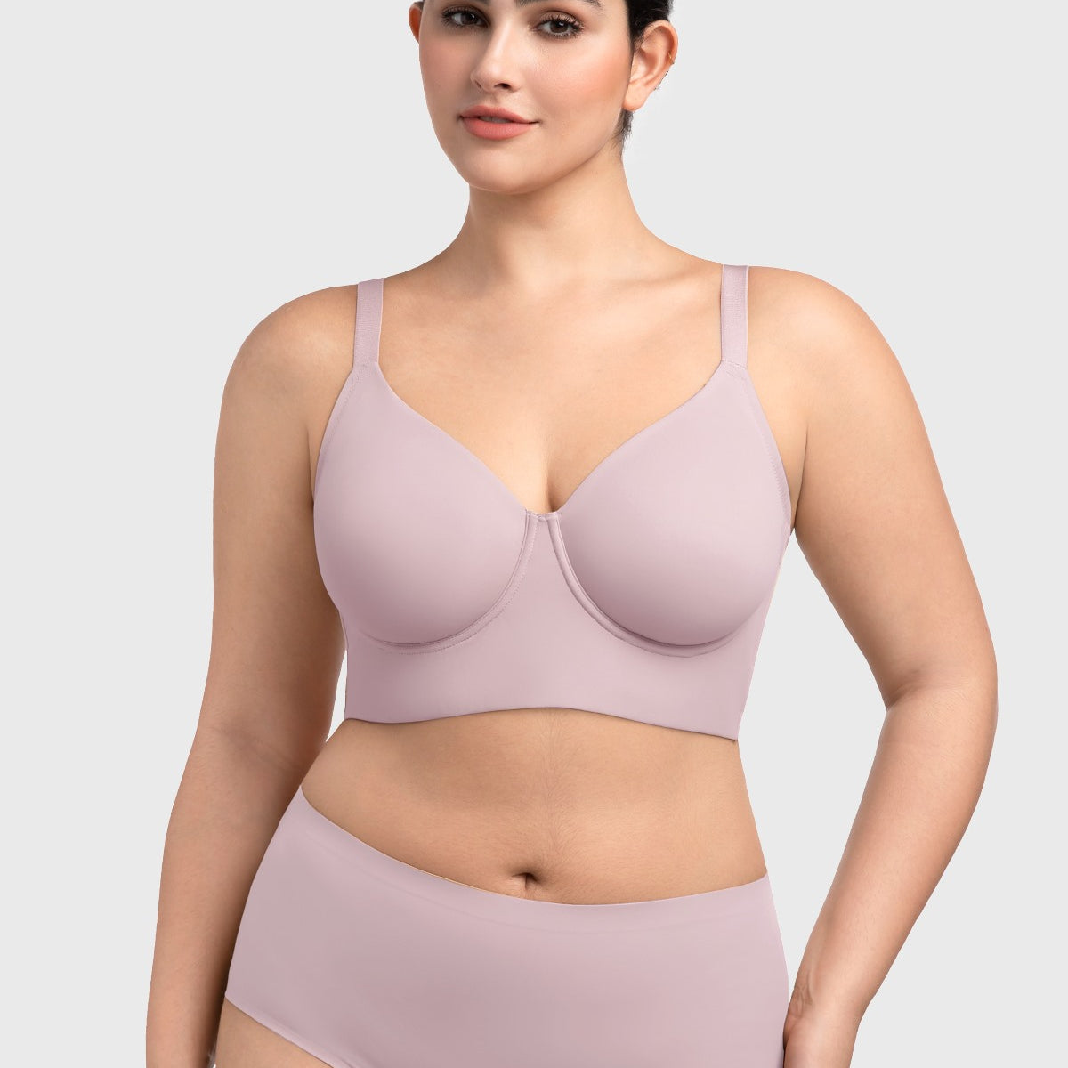 Front view of the HSIA gray purple Delia longline bra, offering an invisible seamless finish and high-performance support.