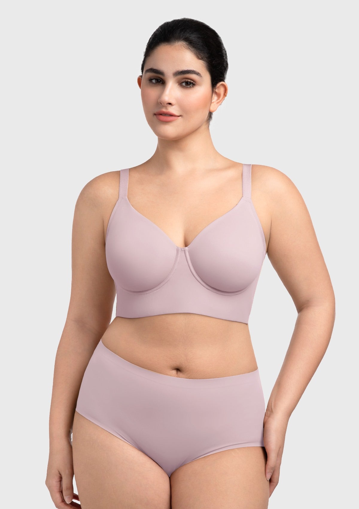 Front view of the HSIA gray purple Delia longline bra, offering an invisible seamless finish and high-performance support.