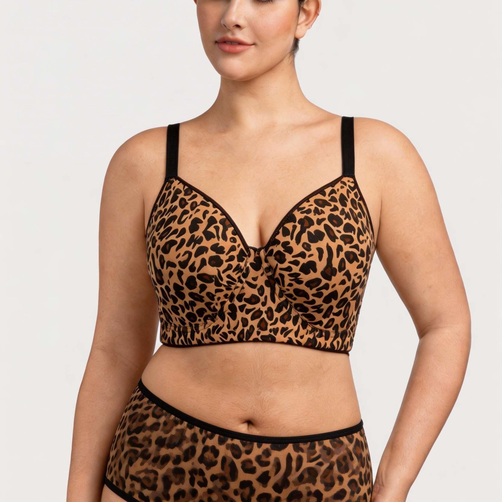 Front view of the HSIA leopard print Delia longline bra, a chic and supportive wearable tank for everyday style