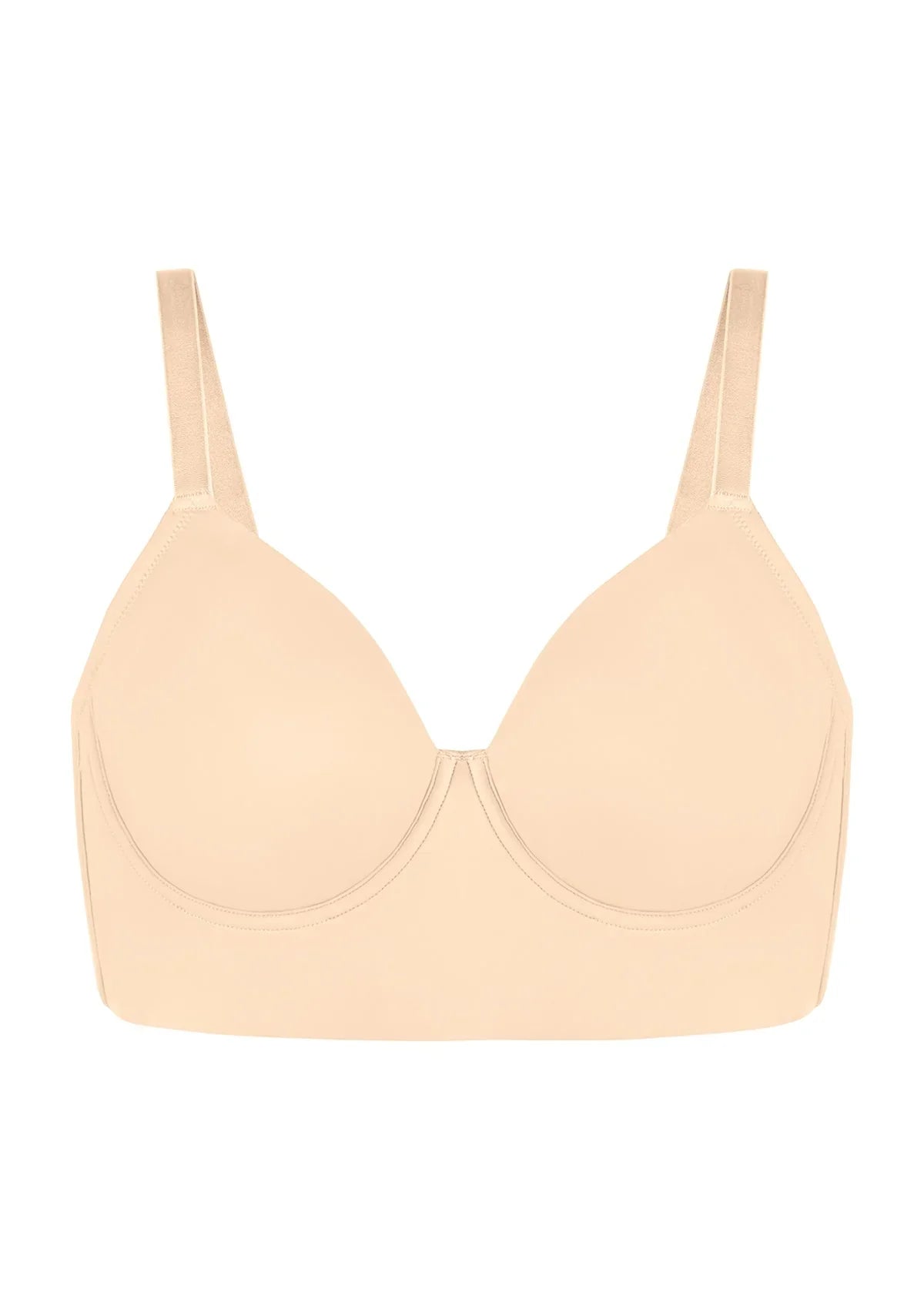 Studio shot of the beige Delia seamless molded cup bra on a white background, detailing the premium two-way stretch fabric.