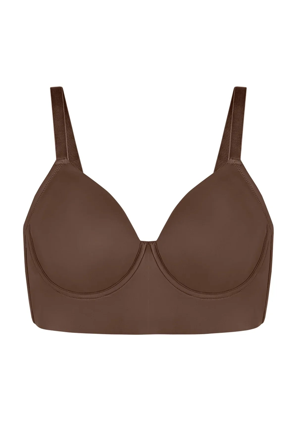 Professional studio flat lay of the coffee brown Delia longline T-shirt bra, showcasing the silky-smooth, pilling-resistant finish.