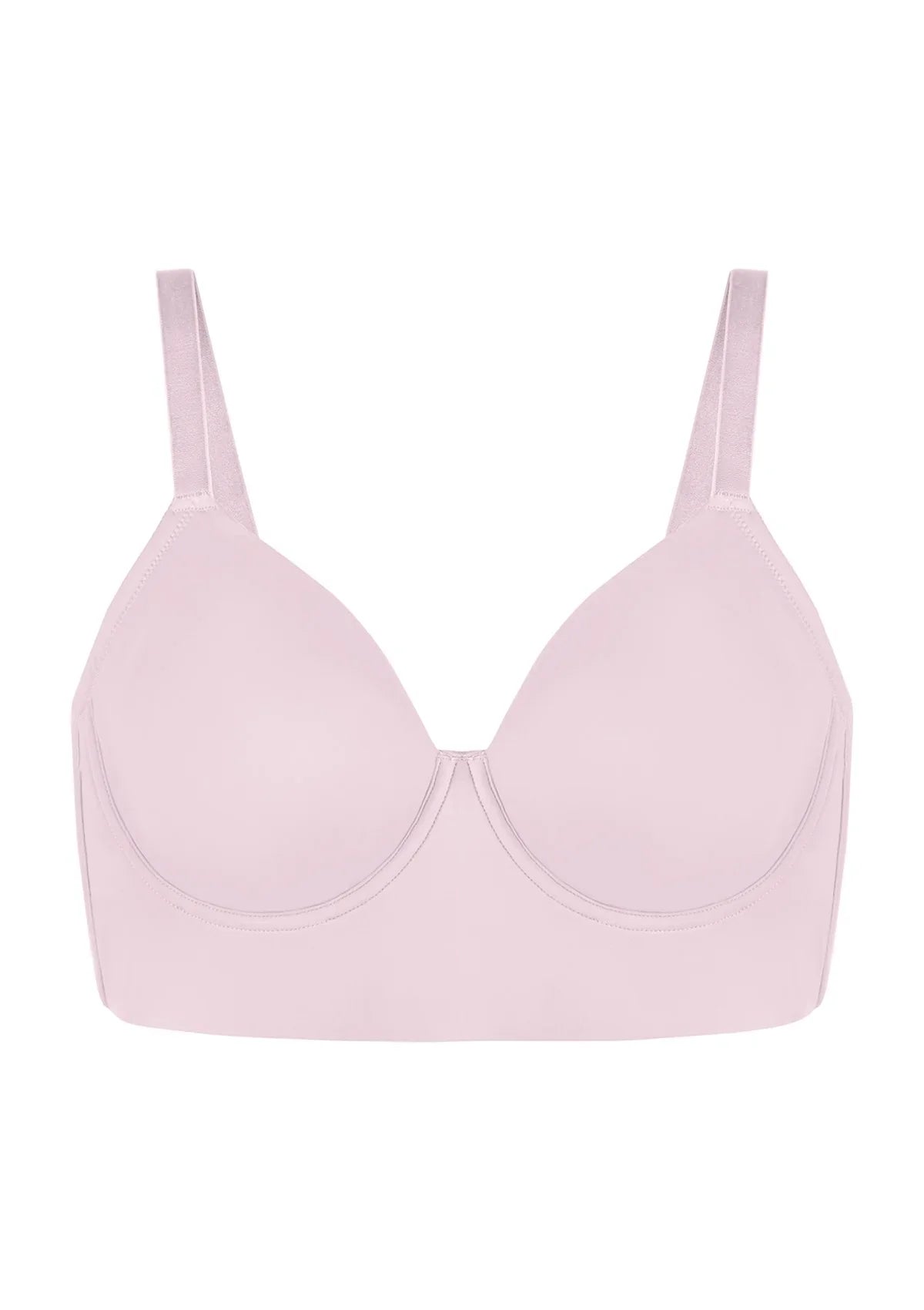 Studio product shot of the gray purple Delia seamless longline bra, emphasizing the breathable cotton-touch interior.