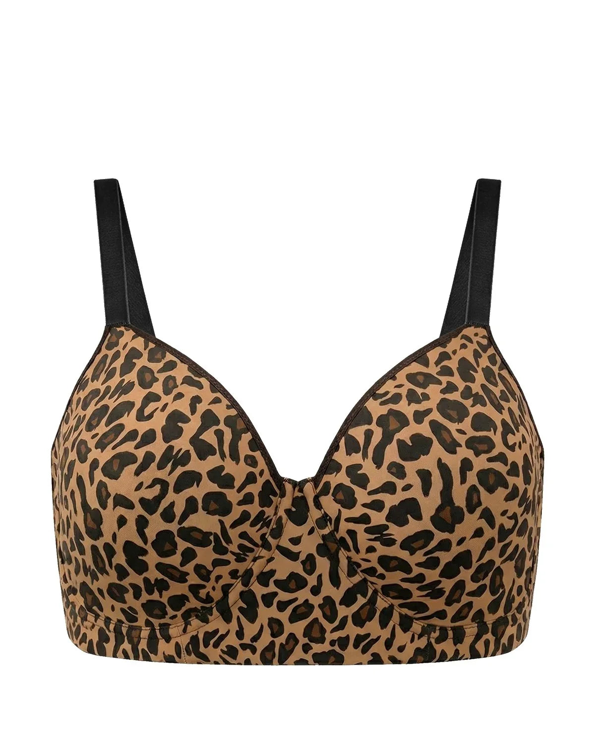 Studio flat lay of the leopard print Delia longline T-shirt bra, featuring wide comfort straps engineered for the fuller bust.