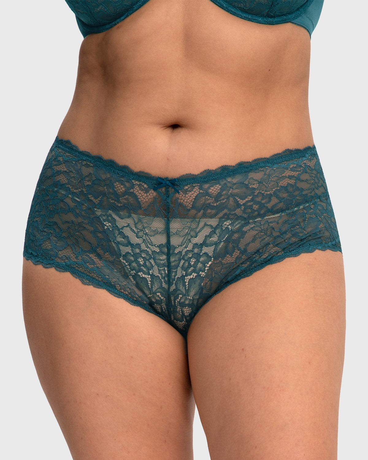 Front view of model wearing the HSIA balsam blue women's lace boyshort panty, featuring dreamy soft stretch lace and a cute center bow.