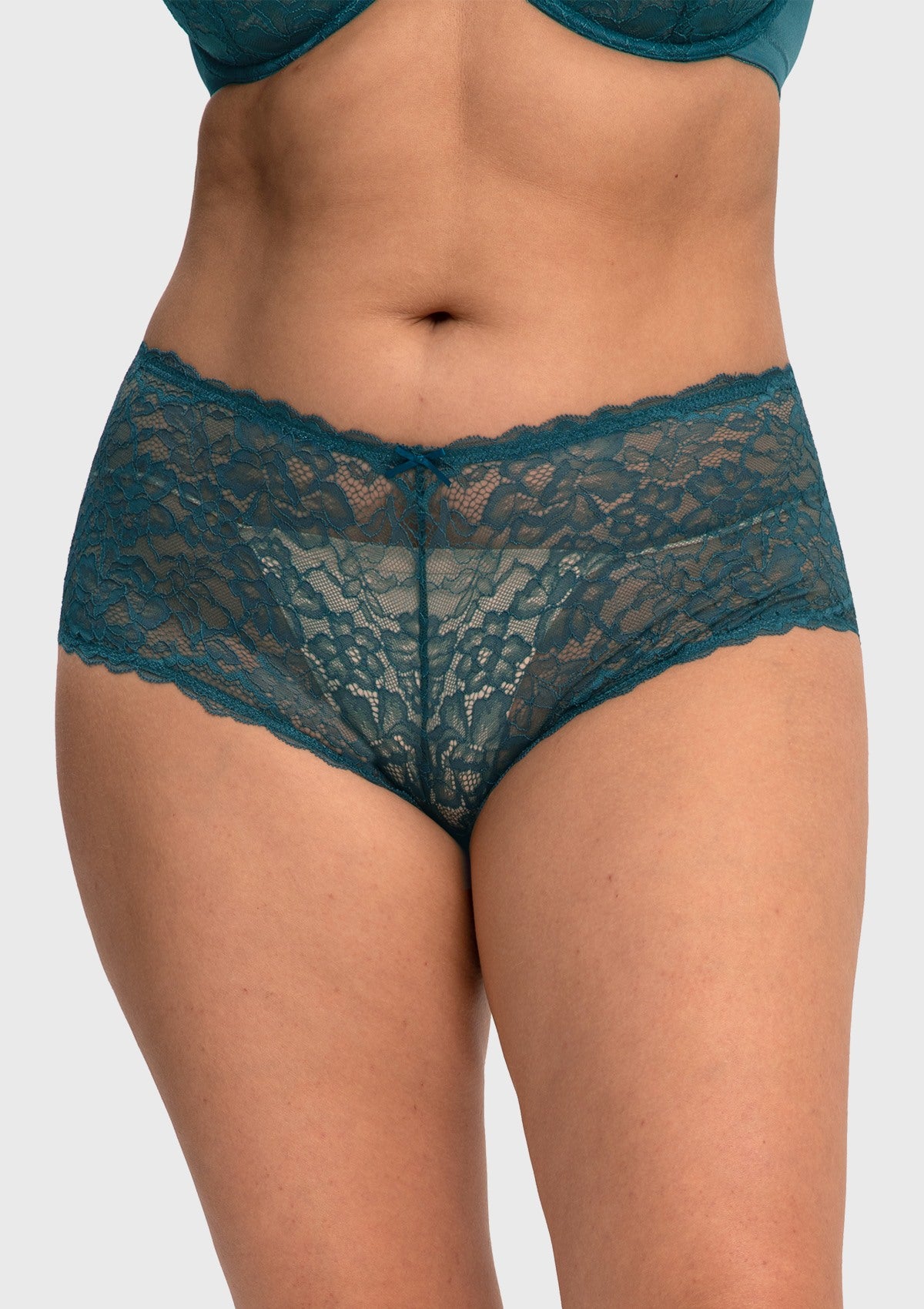 Front view of model wearing the HSIA balsam blue women's lace boyshort panty, featuring dreamy soft stretch lace and a cute center bow.