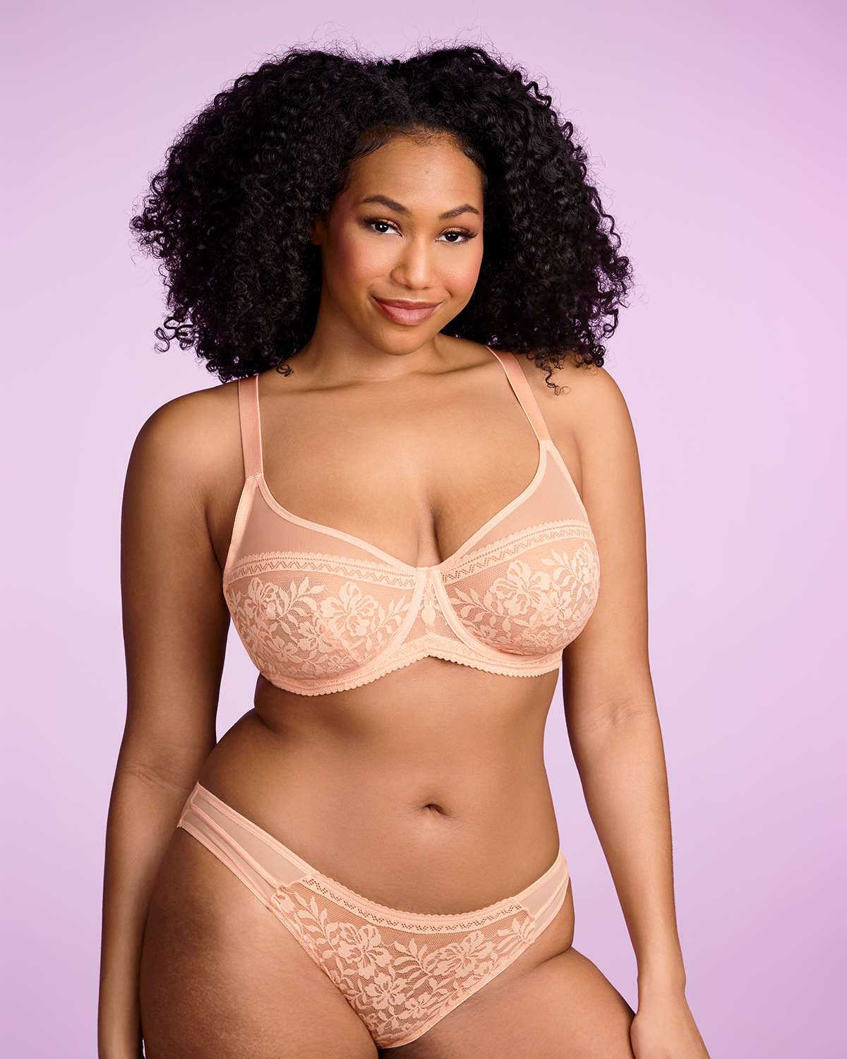 Gladioli Peach Lace Unlined Underwire Bra Set - HSIA