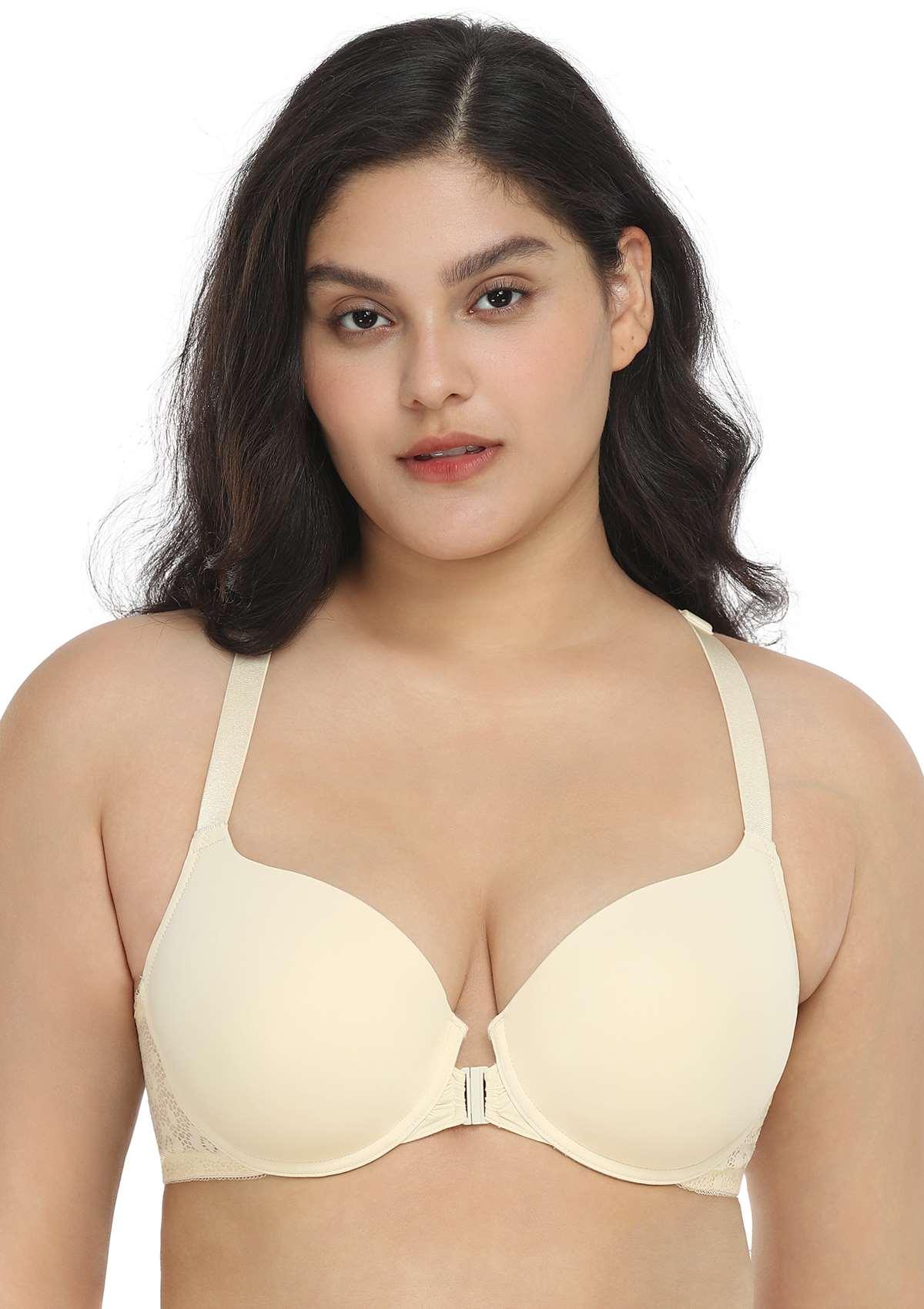Serena Front-Close Champagne Lace-Back Racerback Underwire Bra Set - HSIA