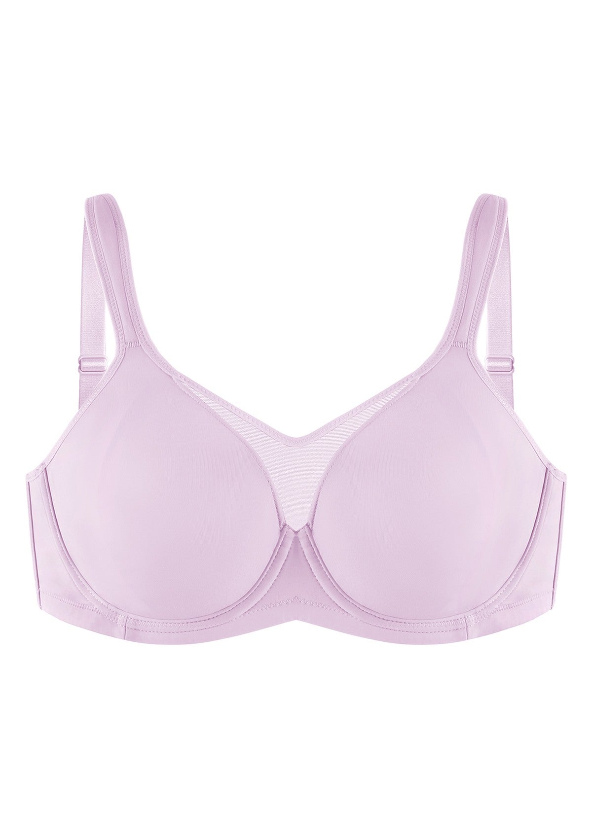 High-resolution 3D shot of the HSIA lavender unlined smoothing bra, emphasizing the breathable SmartCool moisture-wicking fabric system.
