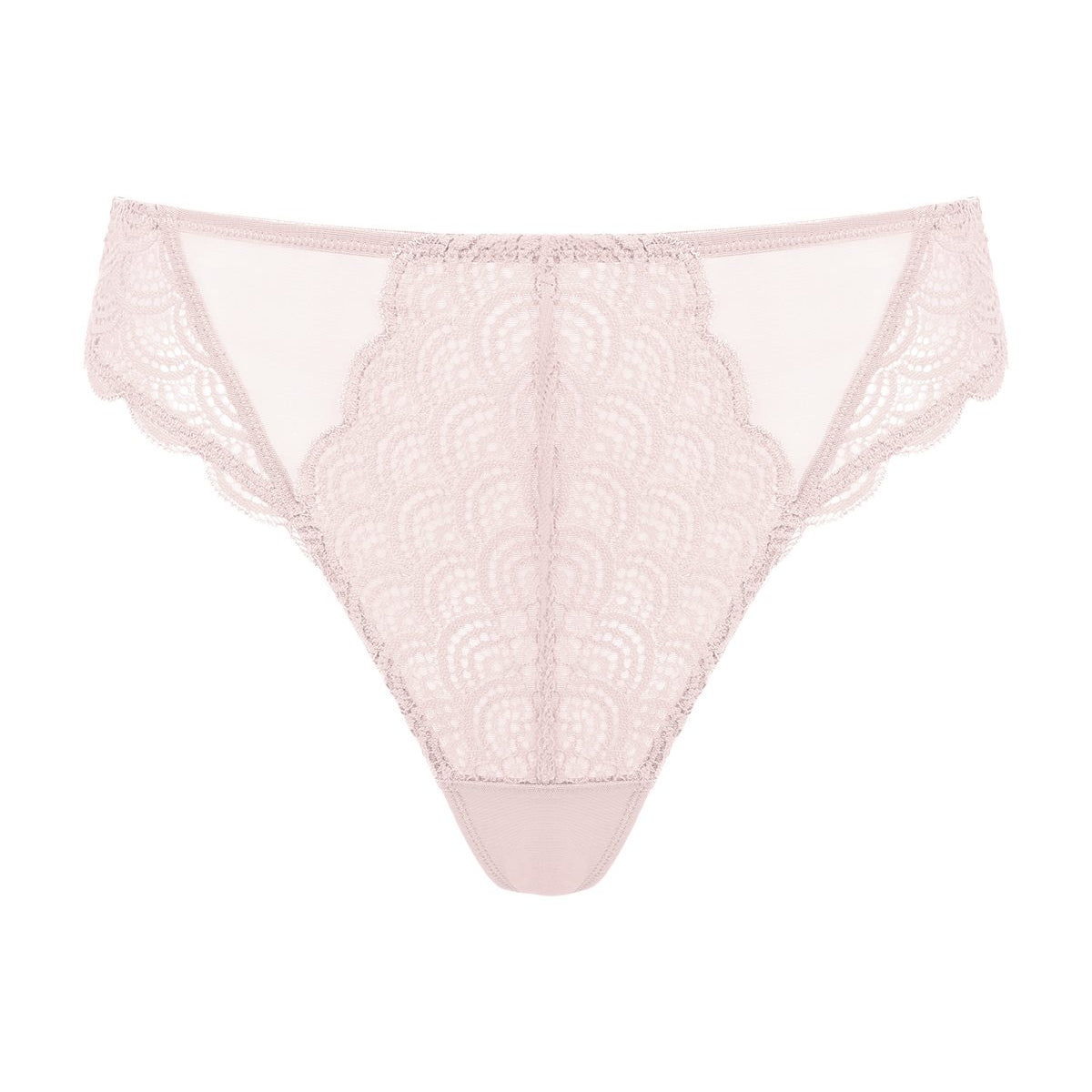 3D product image of the light pink mermaid scales lace thong underwear, crafted with soft lace designed to beautifully flatter the silhouette.