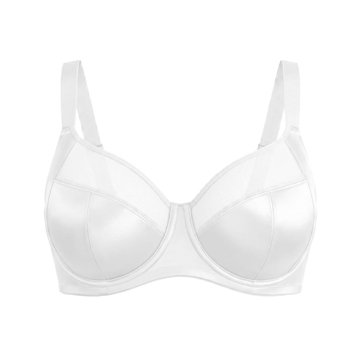 Studio product shot of the pristine White HSIA Lunaire full coverage unlined bra, engineered with side support slings for big bust women.