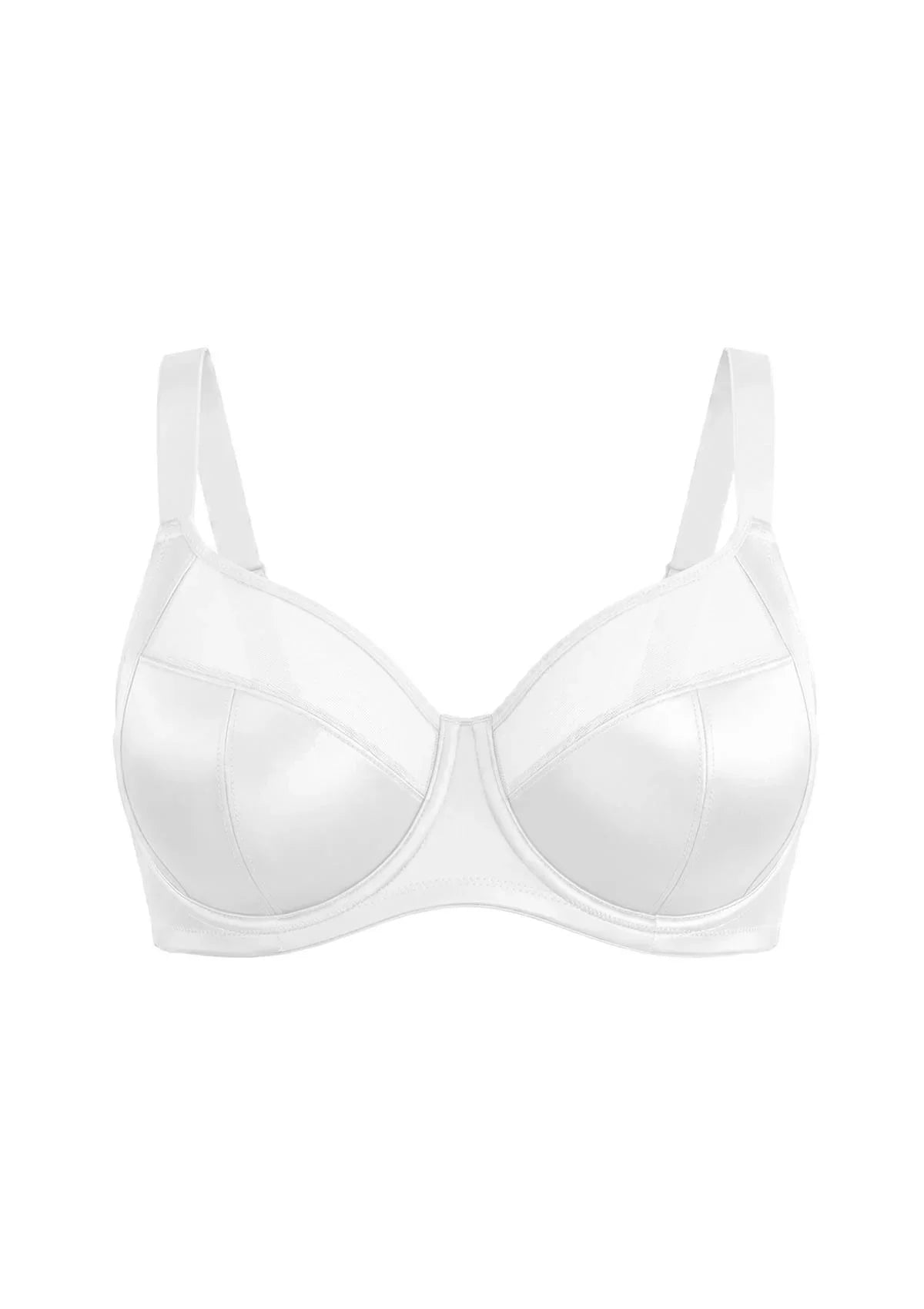 Studio product shot of the pristine White HSIA Lunaire full coverage unlined bra, engineered with side support slings for big bust women.