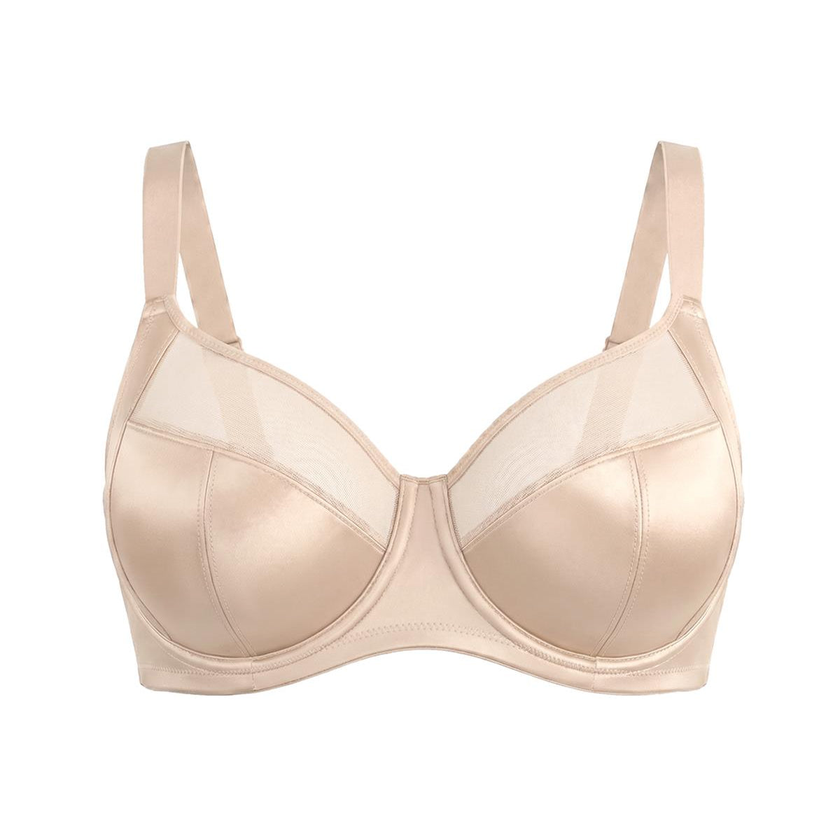 White background view of the Light Beige HSIA Lunaire plus size bra, showcasing the breathable sheer mesh and luxurious everyday shimmer design.