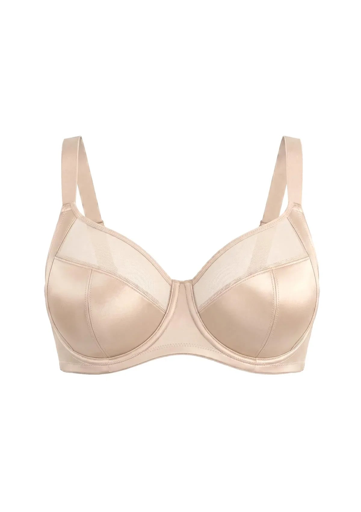 White background view of the Light Beige HSIA Lunaire plus size bra, showcasing the breathable sheer mesh and luxurious everyday shimmer design.