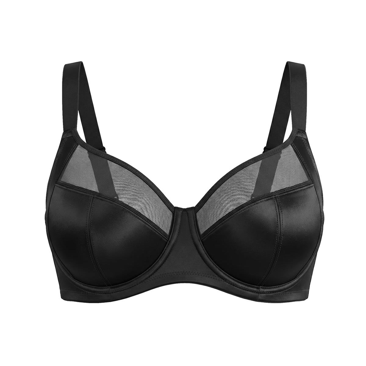 Studio flat lay of the classic Black HSIA Lunaire unlined underwire bra, highlighting the architectural T-shape seam and elegant shimmer fabric.