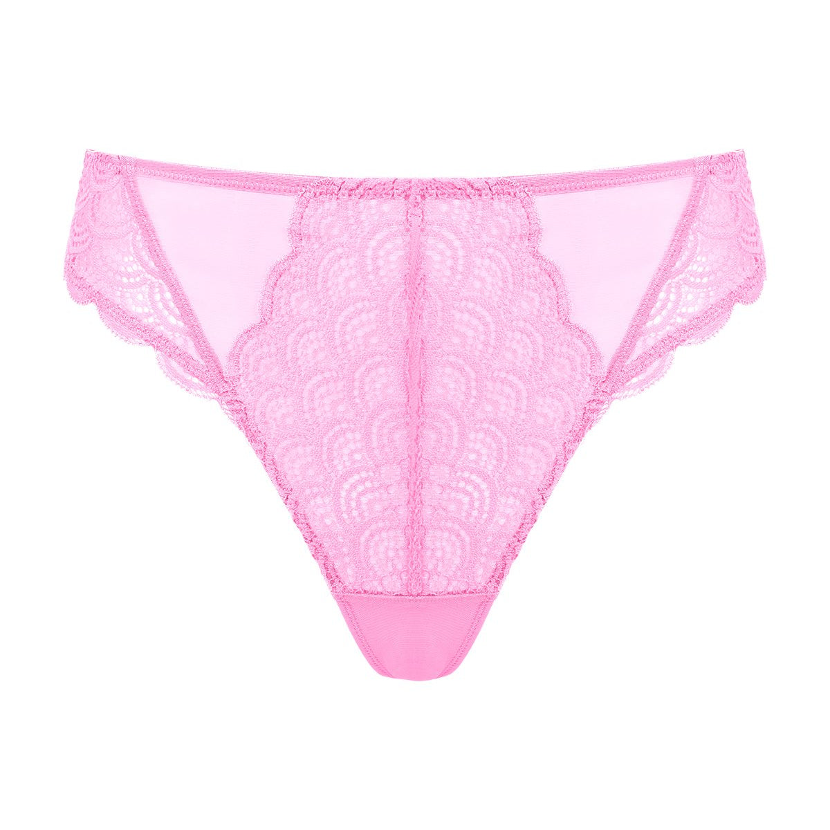3D product shot of the medium pink mermaid scales lace thong for women, highlighting the breathable mesh back and 100% cotton gusset.
