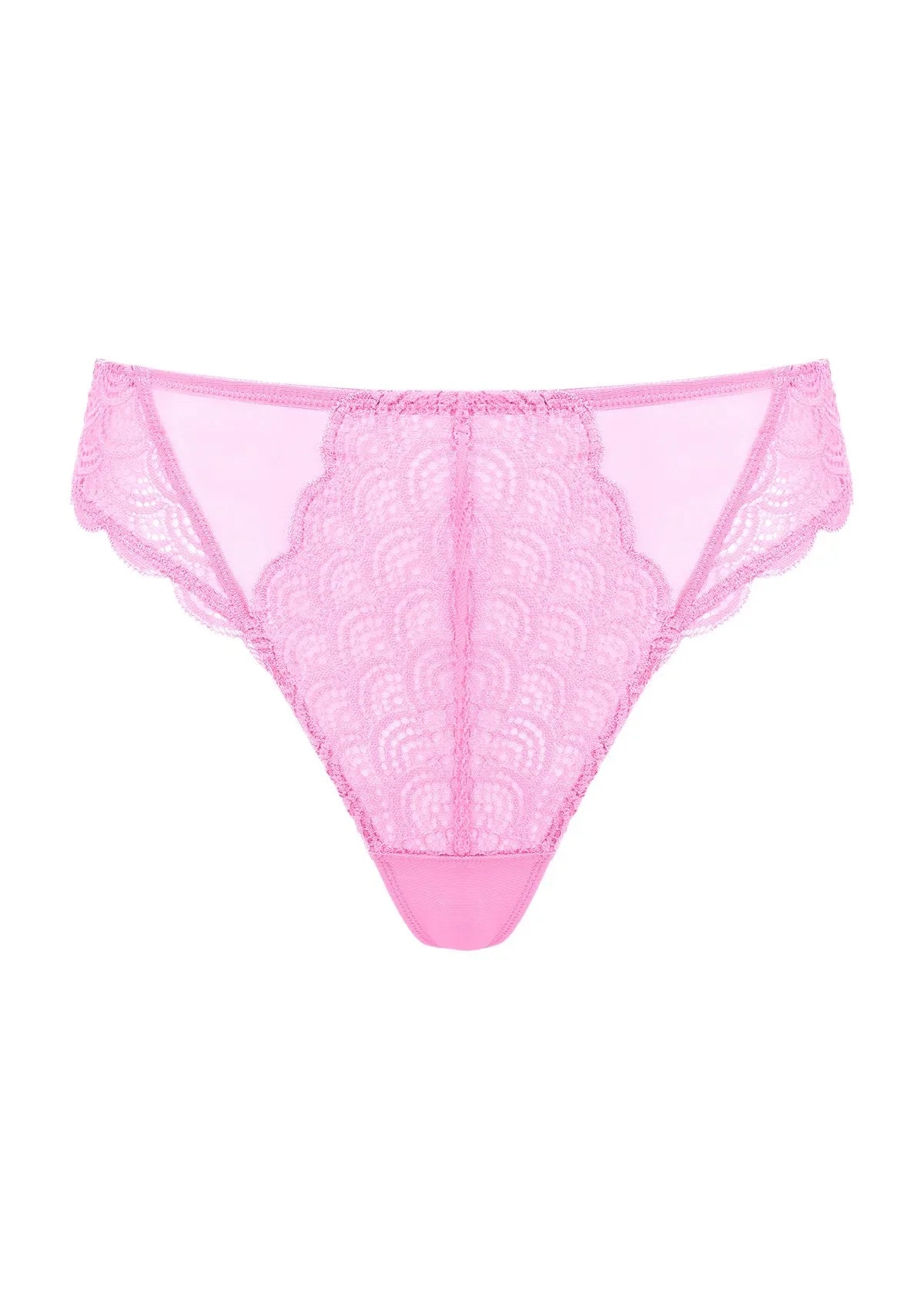 3D product shot of the medium pink mermaid scales lace thong for women, highlighting the breathable mesh back and 100% cotton gusset.