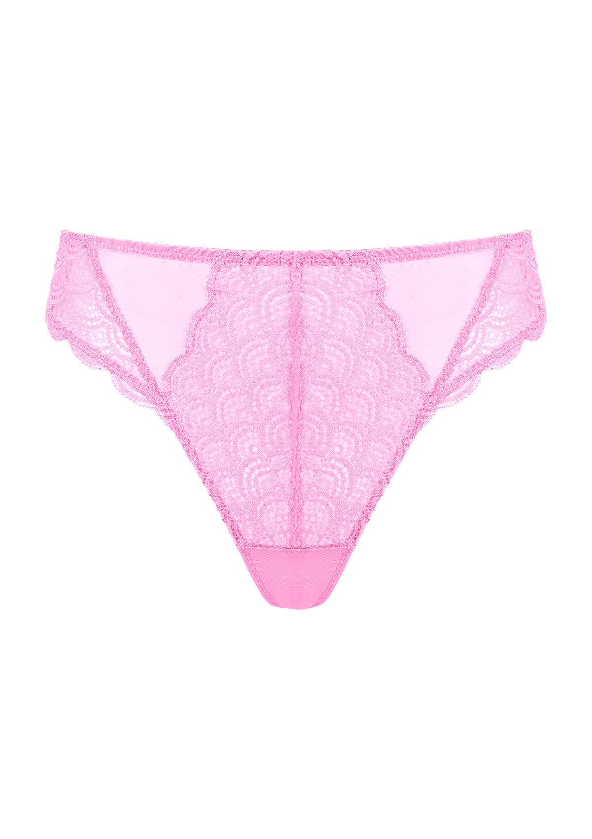 3D product shot of the medium pink mermaid scales lace thong for women, highlighting the breathable mesh back and 100% cotton gusset.