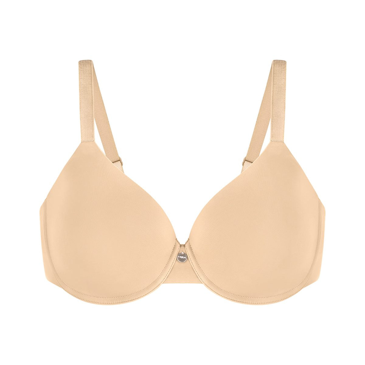 Studio shot of the Beige HSIA Mia full coverage bra, detailing the subtle metal charm, smooth 3D molded cups, and moisture-wicking Lycra fabric.