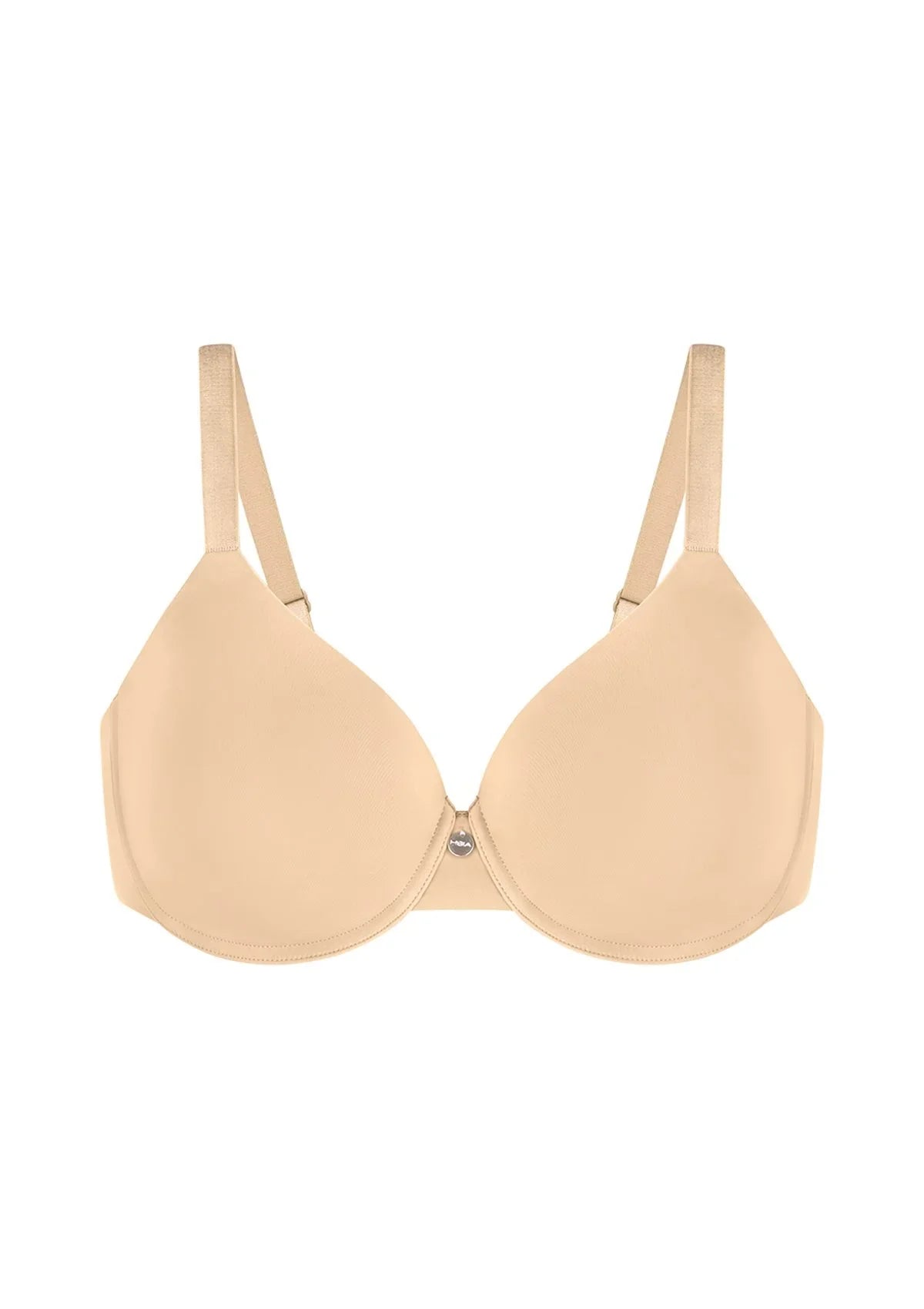Studio shot of the Beige HSIA Mia full coverage bra, detailing the subtle metal charm, smooth 3D molded cups, and moisture-wicking Lycra fabric.