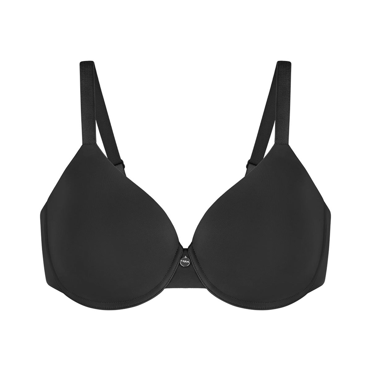 White background view of the classic Black HSIA Mia lightly lined T-shirt bra, specifically engineered with advanced gradient support for plus size figures.