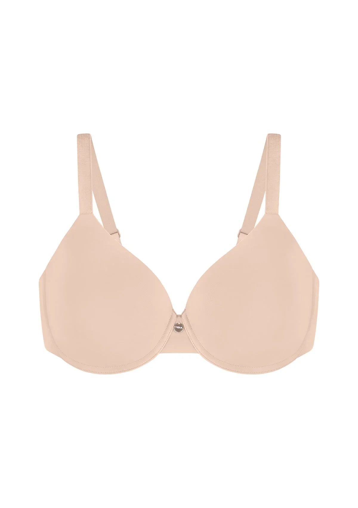 Studio flat lay of the Light Beige Mia lightly lined bra, emphasizing the breathable ventilated cup interiors and clean bandless design.
