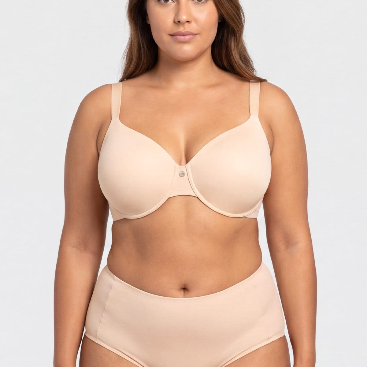 Front view of model in the Light Beige HSIA Mia full coverage bra, an essential invisible cooling layer under white T-shirts for big busted women.