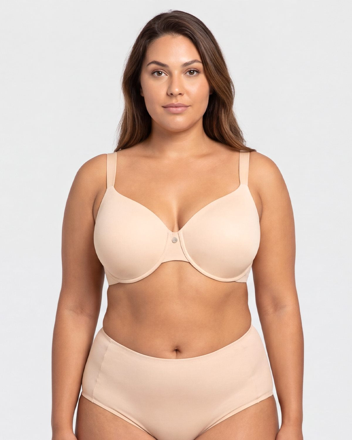 Front view of model in the Light Beige HSIA Mia full coverage bra, an essential invisible cooling layer under white T-shirts for big busted women.