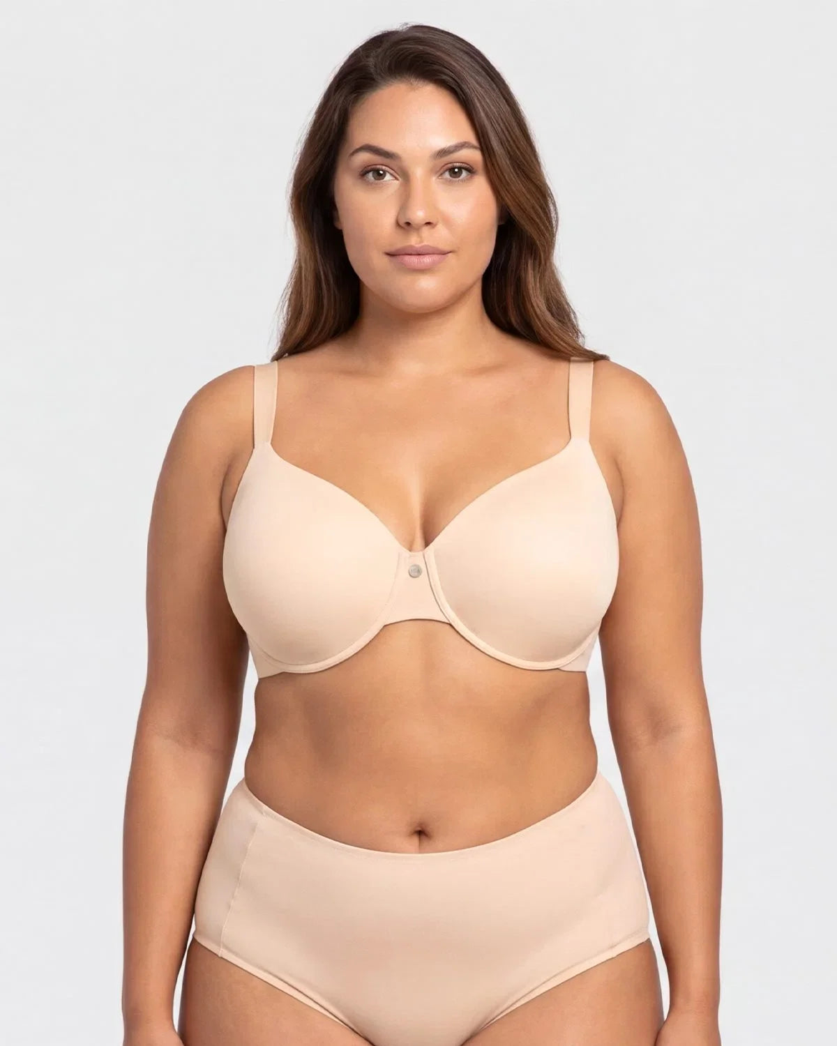 Front view of model in the Light Beige HSIA Mia full coverage bra, an essential invisible cooling layer under white T-shirts for big busted women.