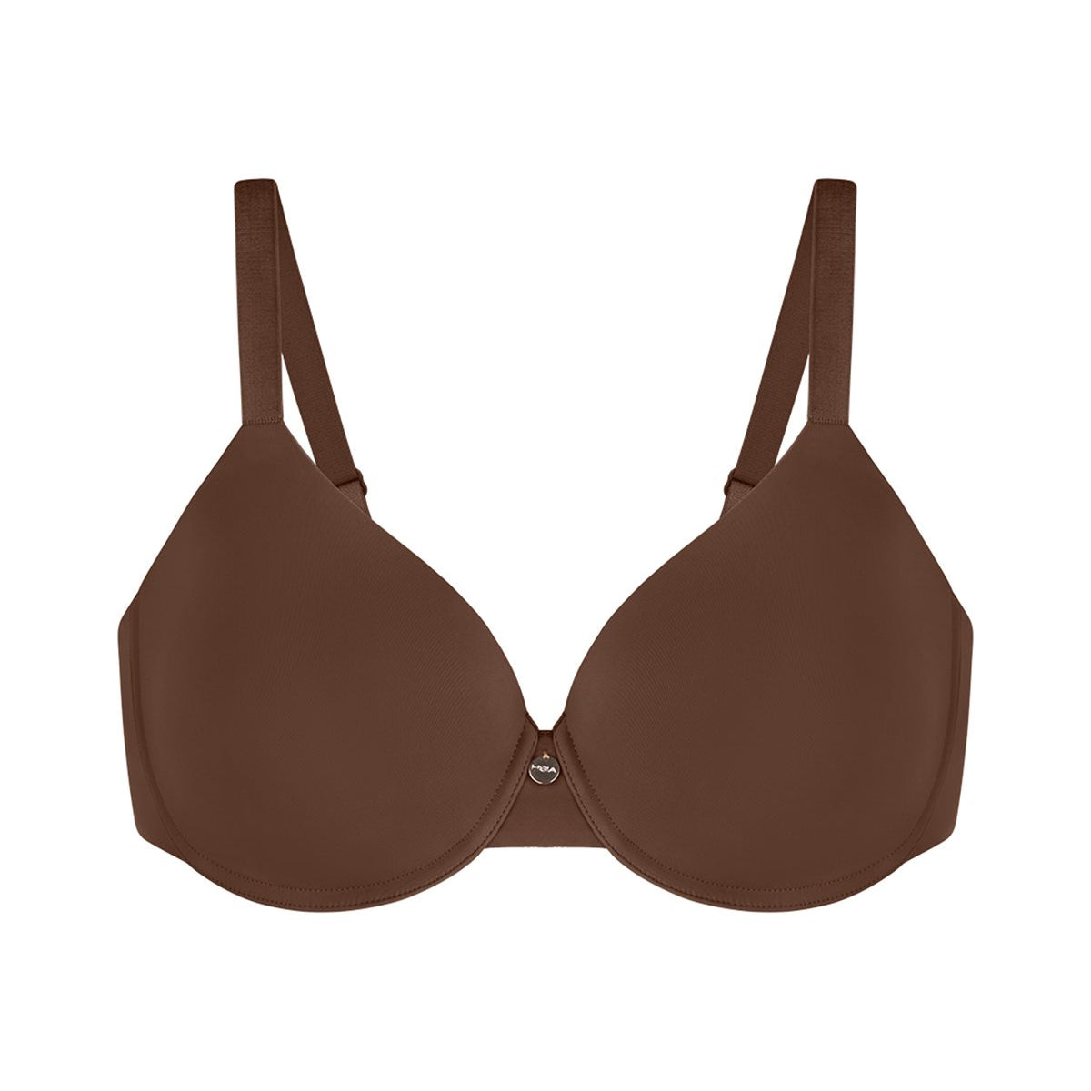 Professional studio shot of the Coffee Brown HSIA Mia bra, showcasing the pill-resistant Lycra fabric and tagless design for everyday comfort.