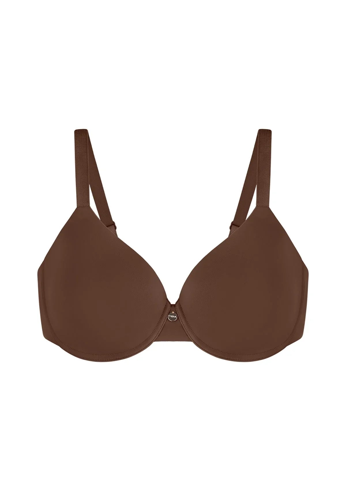 Professional studio shot of the Coffee Brown HSIA Mia bra, showcasing the pill-resistant Lycra fabric and tagless design for everyday comfort.