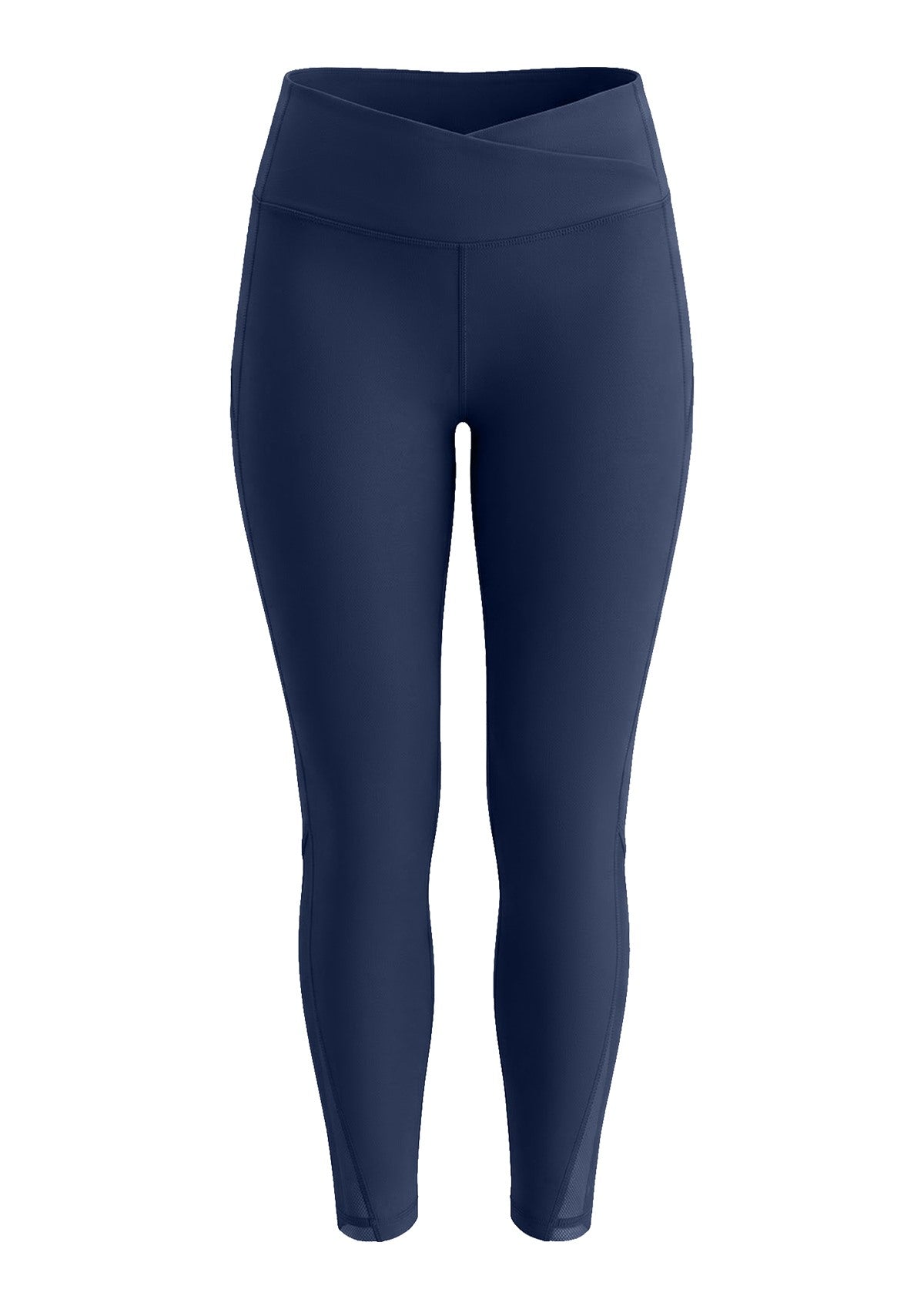 3D flat lay shot of the HSIA navy blue Aura cooling leggings highlighting the moisture-wicking fabric and innovative construction.