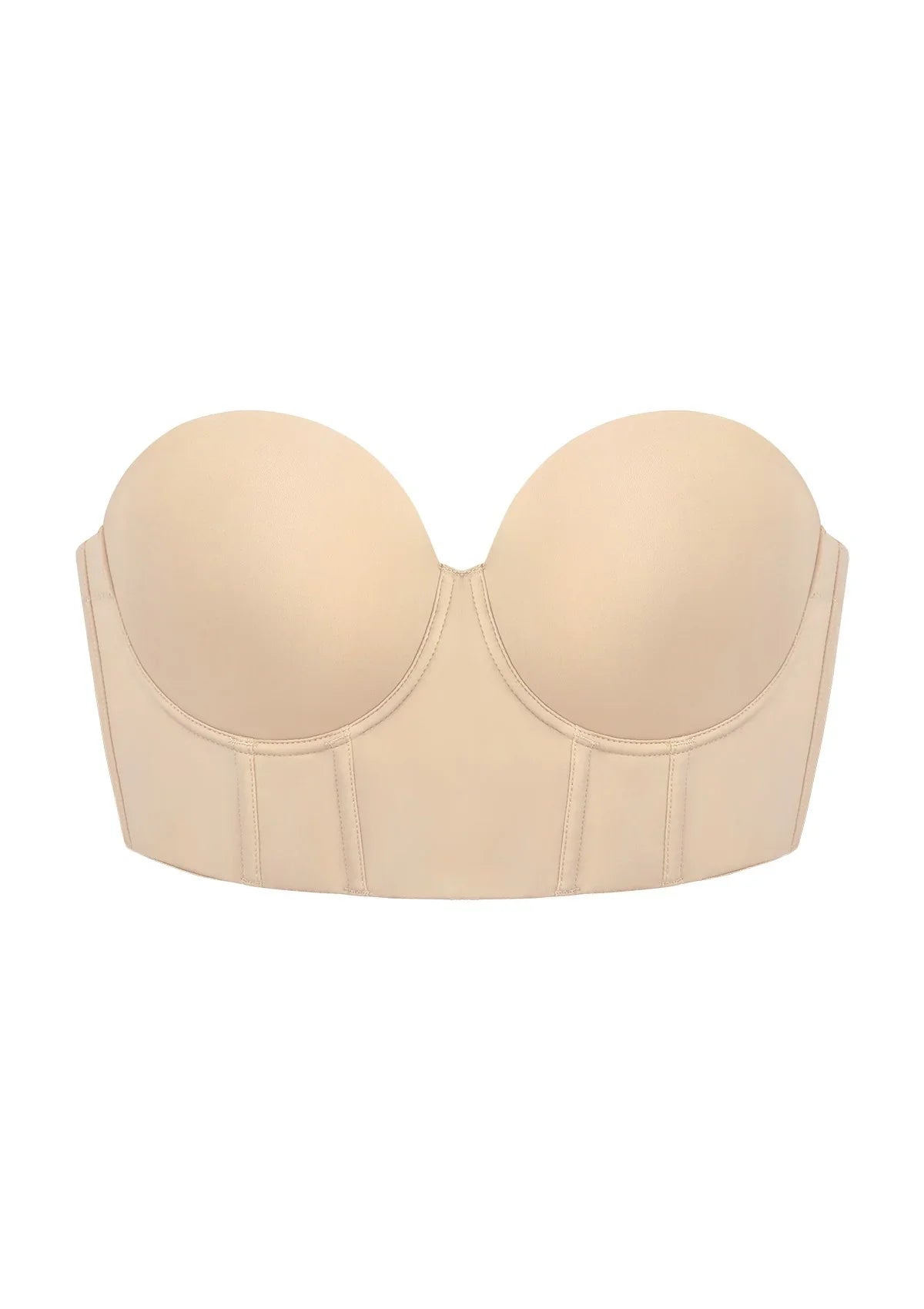 3D product shot of the HSIA light nude cooling corset bra FBM0182 with built-in side bones and anti-slip silicone.