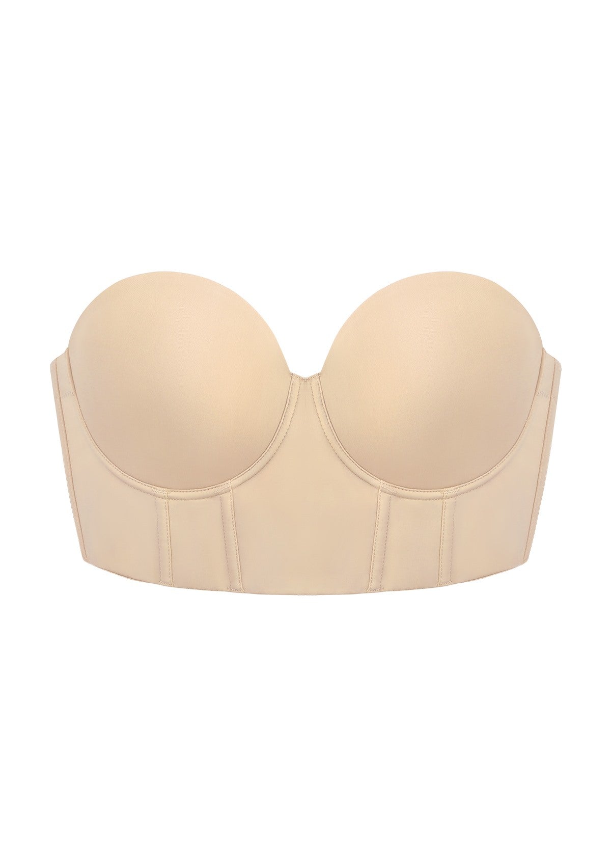 3D product shot of the HSIA light nude cooling corset bra FBM0182 with built-in side bones and anti-slip silicone.
