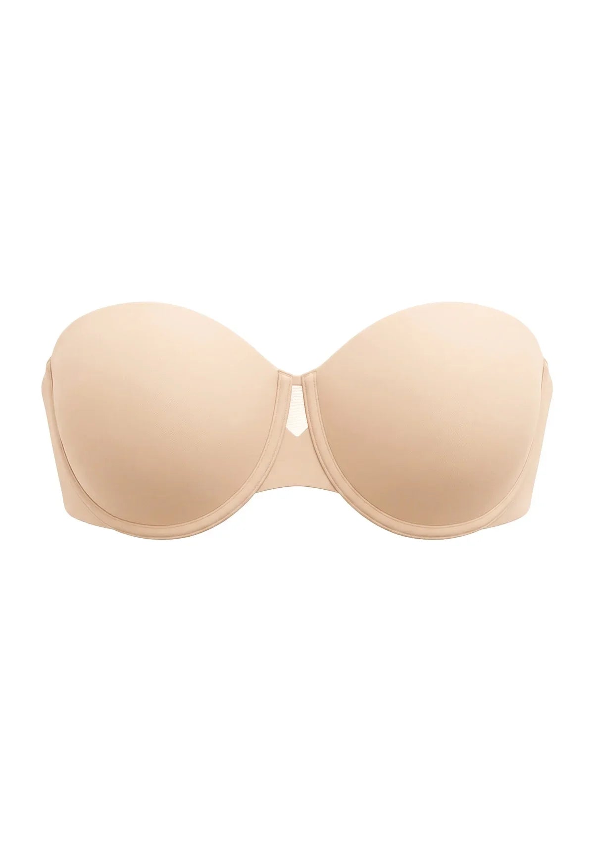 3D flat lay of the HSIA almond skin seamless strapless bra, showcasing the elegant center gore cutout and premium, high-shine satin finish.