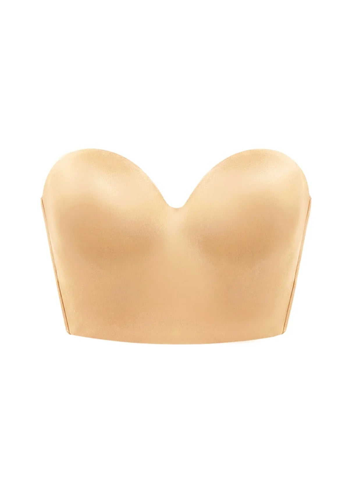 3D studio shot of the HSIA nude satin strapless corset bra, detailing the flexible stainless steel boning structure and detachable straps.