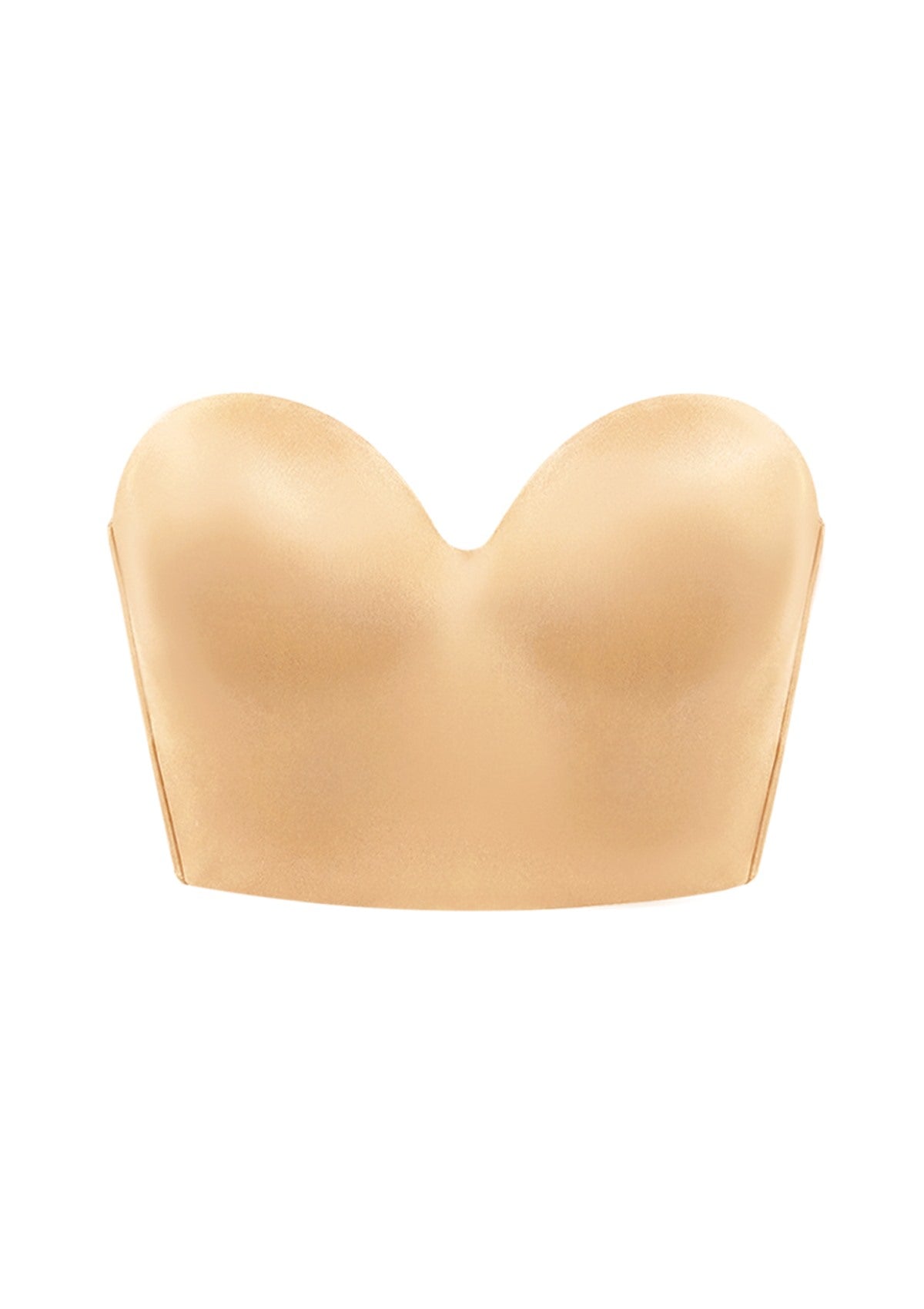 3D studio shot of the HSIA nude satin strapless corset bra, detailing the flexible stainless steel boning structure and detachable straps.