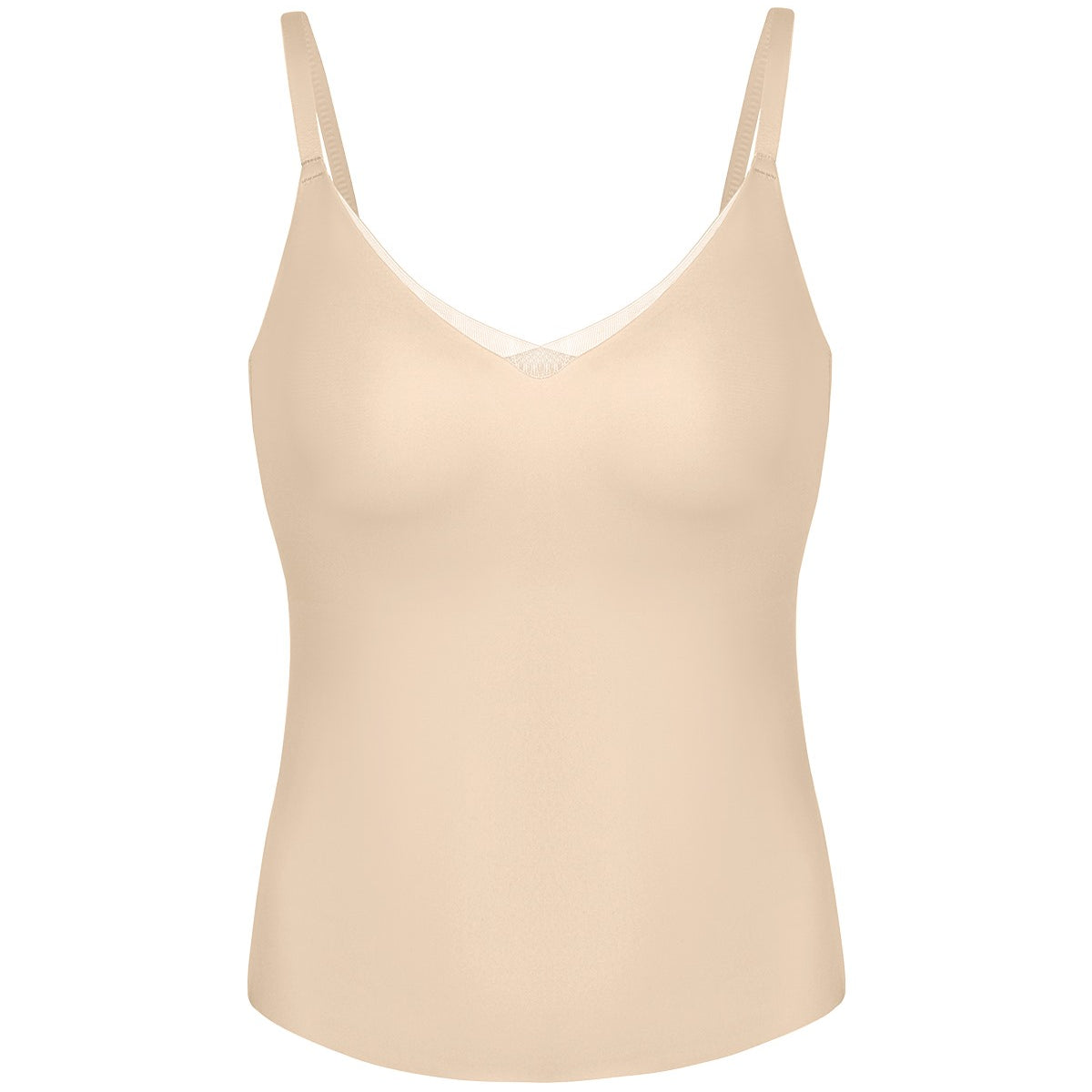 High-resolution 3D detail of the HSIA nude wire-free padded camisole, emphasizing the breathable bidirectional stretch fabric and seamless edges.