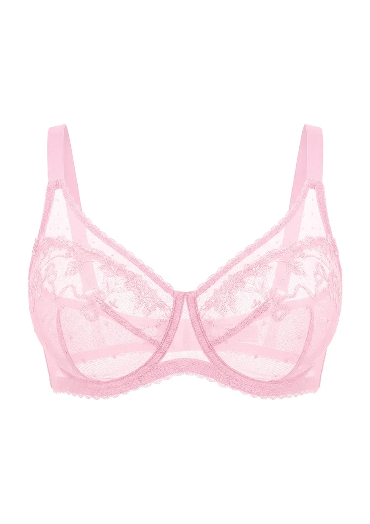 High-resolution 3D shot of the HSIA peach pink full cup bra, showcasing the intricate floral embroidery and full structured underband beneath the wire.