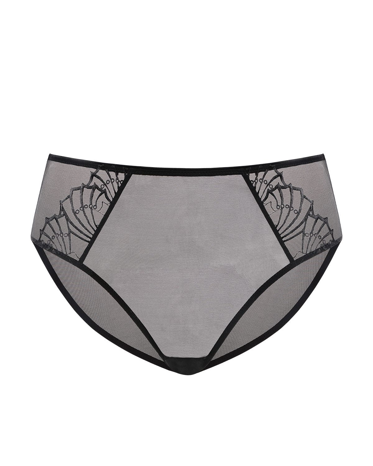 White background product shot of the black HSIA Pearl Shimmer full coverage panty, highlighting the zero-rolling high waistband and the extended 100% cotton gusset.
